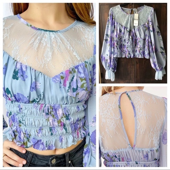 FREE PEOPLE BOHO BLOUSE FLORAL PRINT LACE CROP TOP A3C - Picture 6 of 10